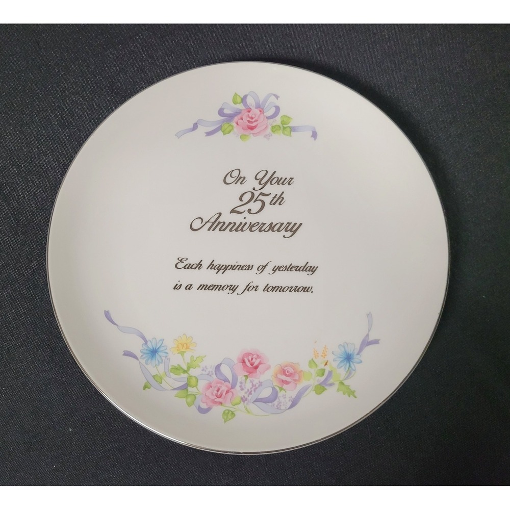 Vintage 1980s Russ Berrie 25th Wedding Anniv. Collector Plate Silver Trim Floral